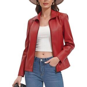 Women's Red Faux Leather Motorcycle Fashion Zip Up Trendy Going Out Jackets